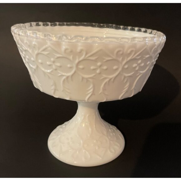 Fenton Milk Glass Compote Spanish Lace Silver Crest Pedestal Vintage 6" x 6.5" - Picture 8 of 12